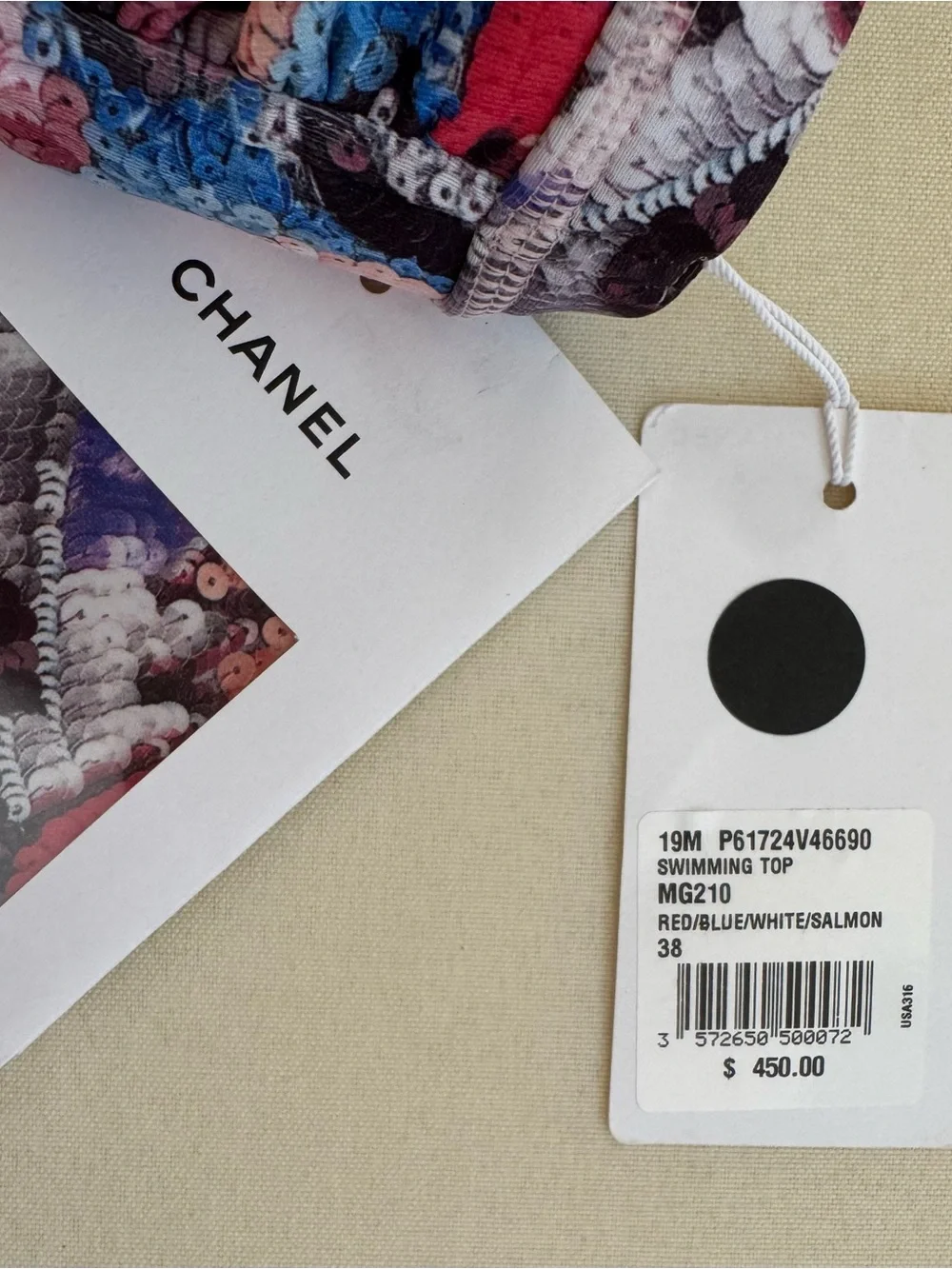 CHANEL Multicolor Sequin print bathing suit Top with Pink Center Zipper.